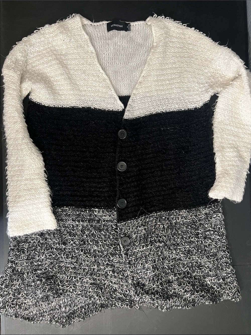 MINKPINK Black, White & Gray Bouclé Colorblock Cardigan